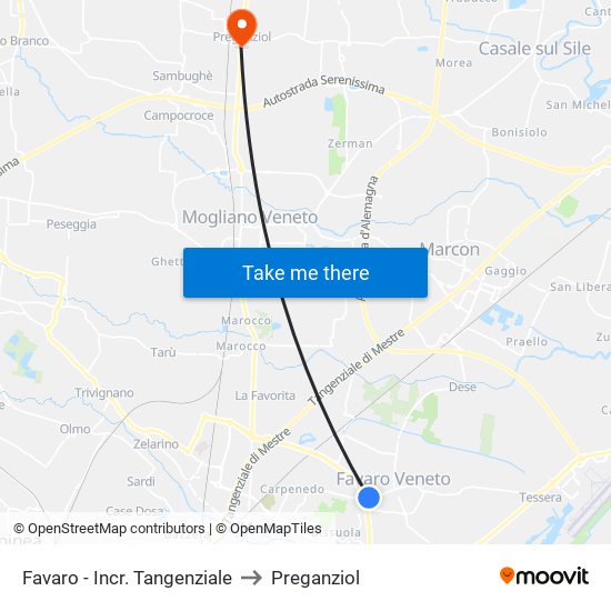 Favaro - Incr. Tangenziale to Preganziol map