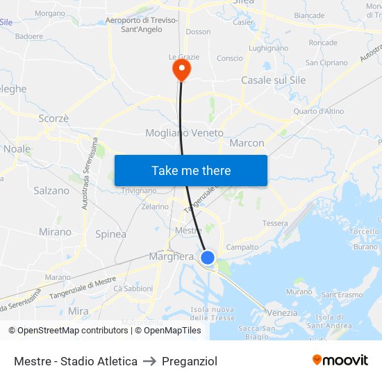 Mestre - Stadio Atletica to Preganziol map