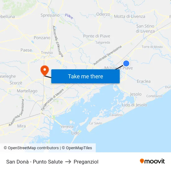 San Donà - Punto Salute to Preganziol map