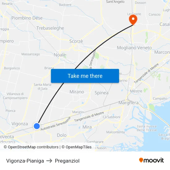 Vigonza-Pianiga to Preganziol map