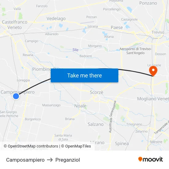 Camposampiero to Preganziol map