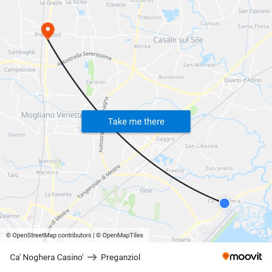 Ca' Noghera Casino' to Preganziol map