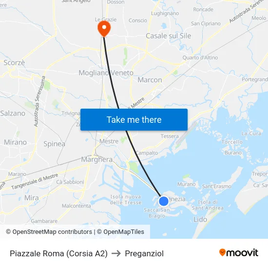 Piazzale Roma (Corsia A2) to Preganziol map