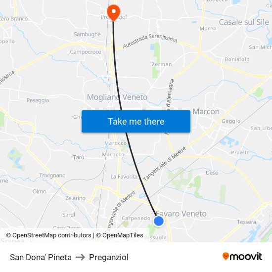 San Dona' Pineta to Preganziol map