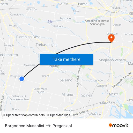 Borgoricco Mussolini to Preganziol map