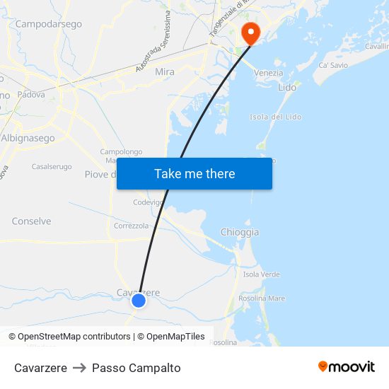 Cavarzere to Passo Campalto map