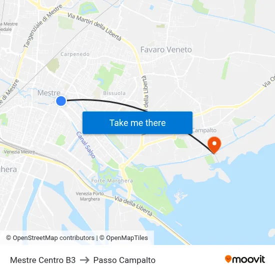 Mestre Center B3 to Campalto Pass map