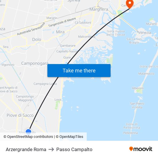 Arzergrande Roma to Passo Campalto map