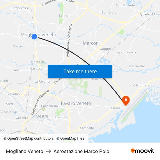 Mogliano Veneto to Aerostazione Marco Polo map