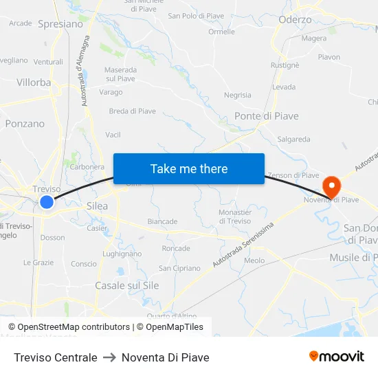 Treviso Central to Noventa di Piave map