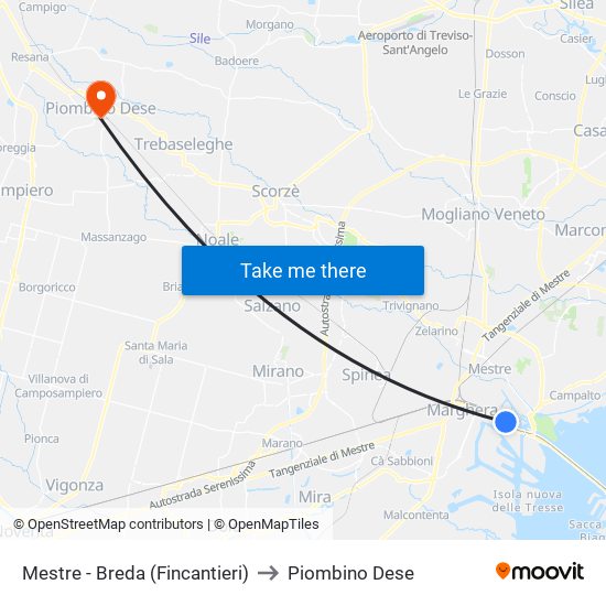 Mestre - Breda (Fincantieri) to Piombino Dese map