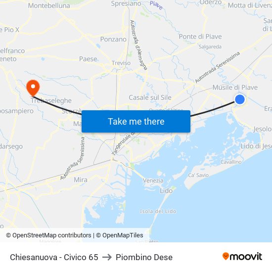 Chiesanuova - Civico 65 to Piombino Dese map