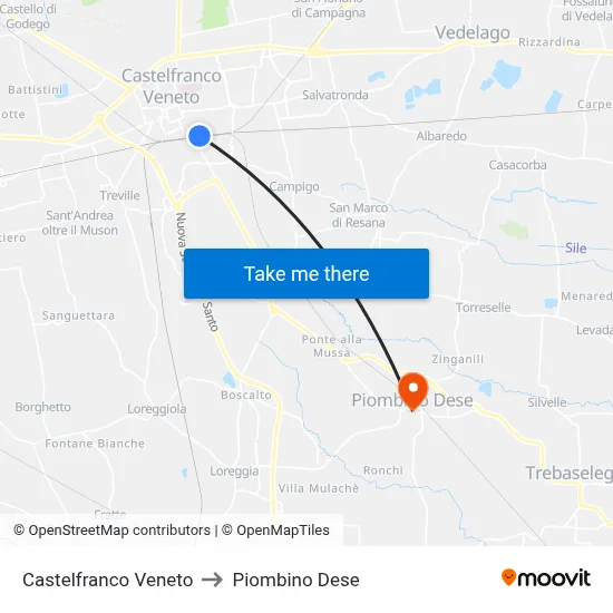 Castelfranco Veneto to Piombino Dese map