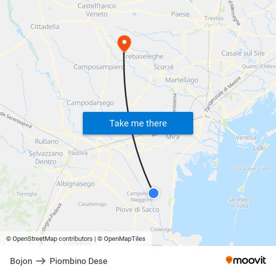 Bojon to Piombino Dese map