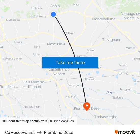Ca'Vescovo Est to Piombino Dese map