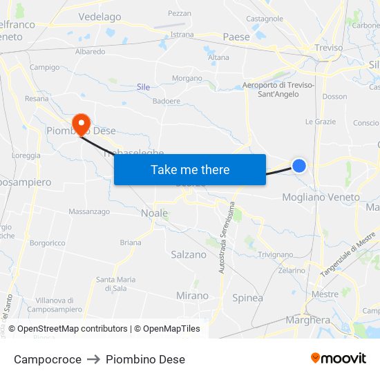 Campocroce to Piombino Dese map