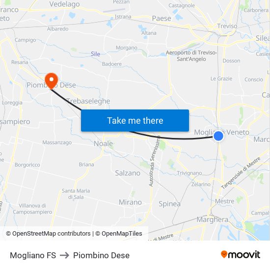 Mogliano FS to Piombino Dese map