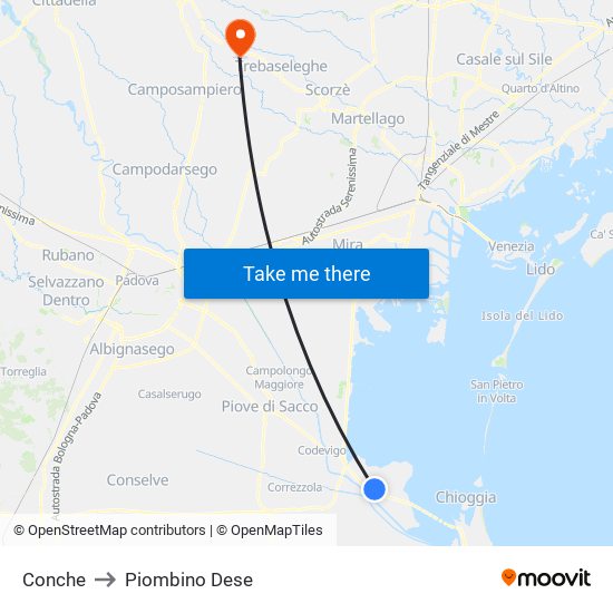 Conche to Piombino Dese map