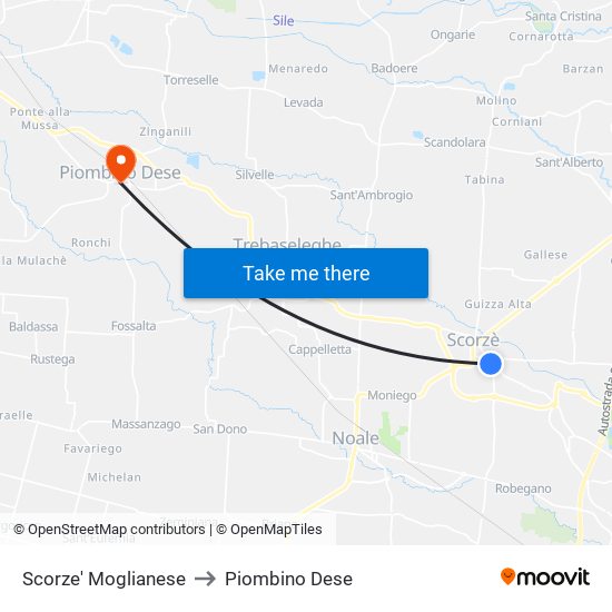 Scorze' Moglianese to Piombino Dese map