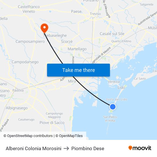 Alberoni Colonia Morosini to Piombino Dese map