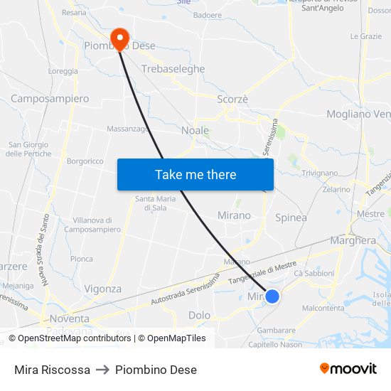 Mira Riscossa to Piombino Dese map