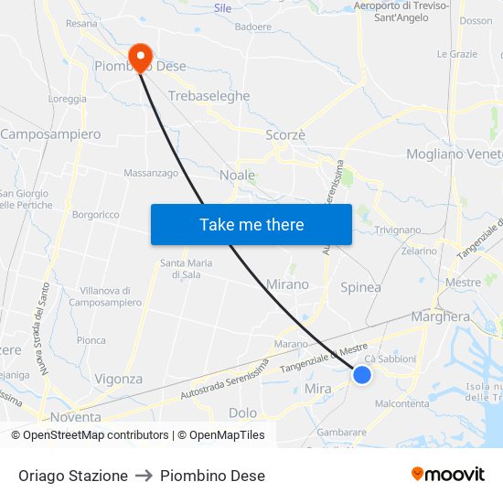 Oriago Stazione to Piombino Dese map