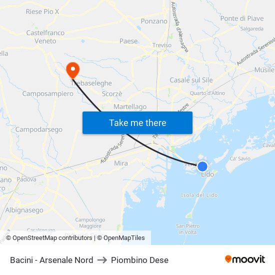 Bacini - Arsenale Nord to Piombino Dese map