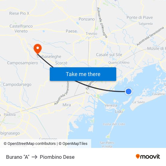 Burano "A" to Piombino Dese map