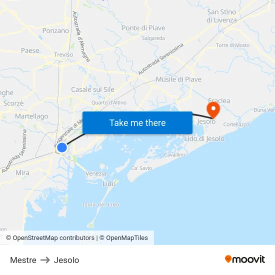 Mestre to Jesolo map