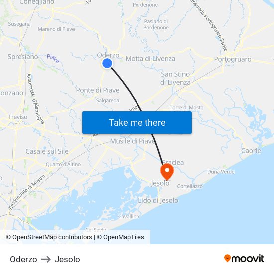 Oderzo to Jesolo map