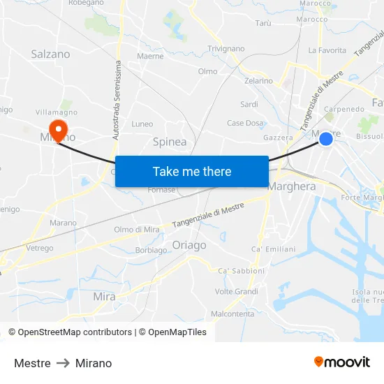 Mestre to Mirano map