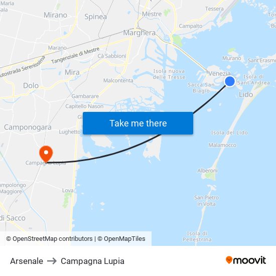 Arsenale to Campagna Lupia map