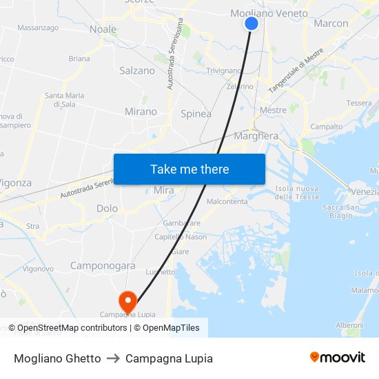 Mogliano Ghetto to Campagna Lupia map