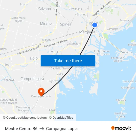 Mestre Center B6 to Campagna Lupia map