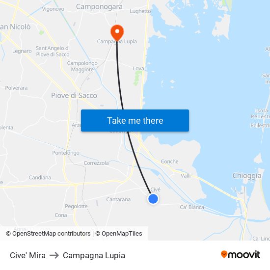 Cive' Mira to Campagna Lupia map