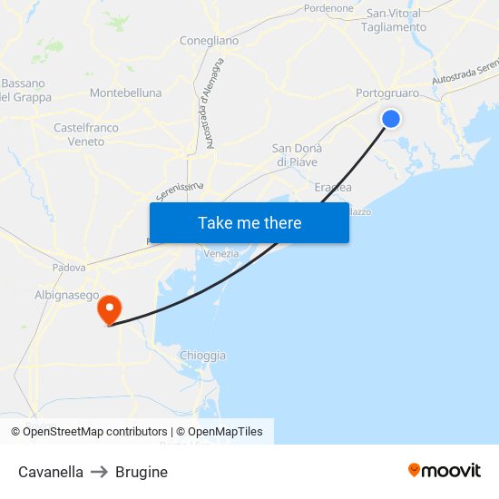Cavanella to Brugine map