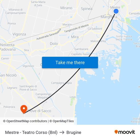 Mestre - Teatro Corso (Bnl) to Brugine map