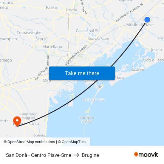 San Donà - Centro Piave-Sme to Brugine map