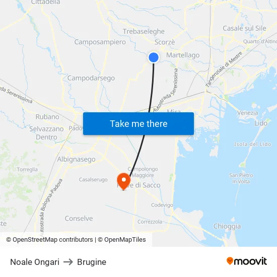 Noale Ongari to Brugine map
