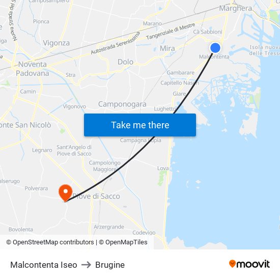 Malcontenta Iseo to Brugine map