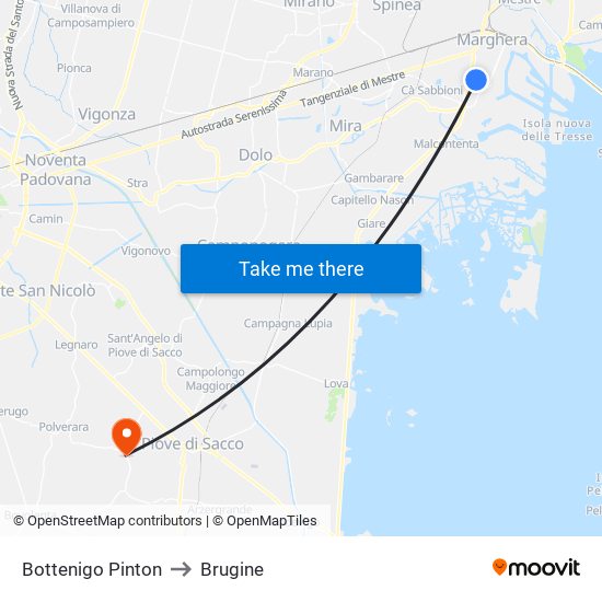 Bottenigo Pinton to Brugine map