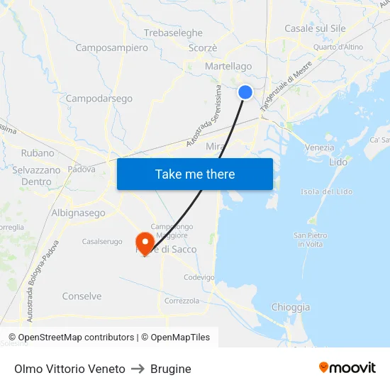 Olmo Vittorio Veneto to Brugine map