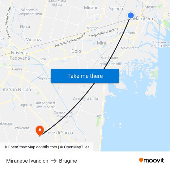 Miranese Ivancich to Brugine map