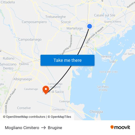 Mogliano Cimitero to Brugine map