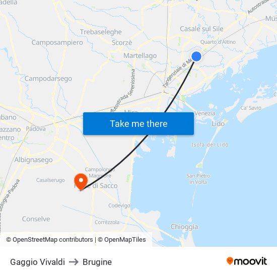 Gaggio Vivaldi to Brugine map