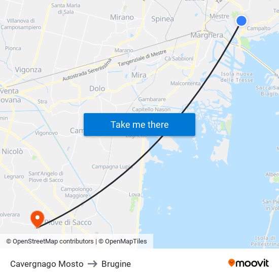 Cavergnago Mosto to Brugine map