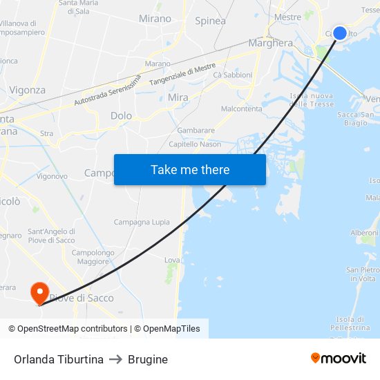Orlanda Tiburtina to Brugine map