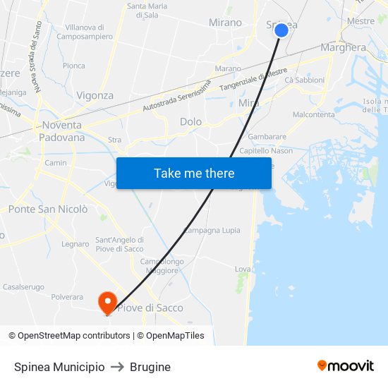 Spinea Municipio to Brugine map