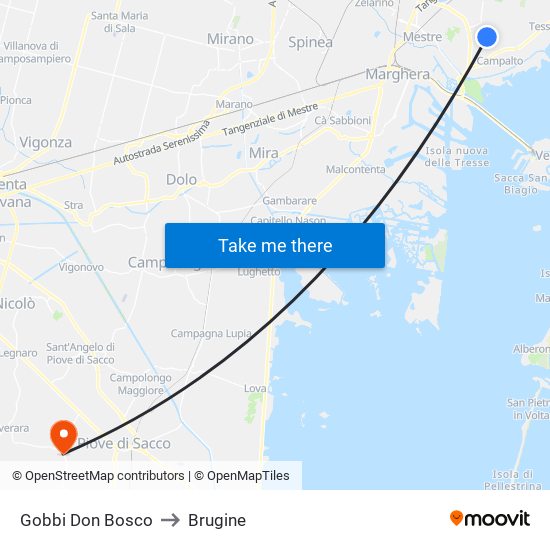 Gobbi Don Bosco to Brugine map