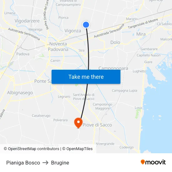Pianiga Bosco to Brugine map